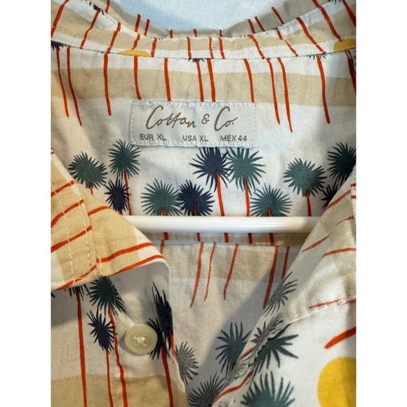 Cotton & Co Mens XL Palm Tree Sun Print Button Down Shirt Tropical Short Sleeve - Picture 2 of 8